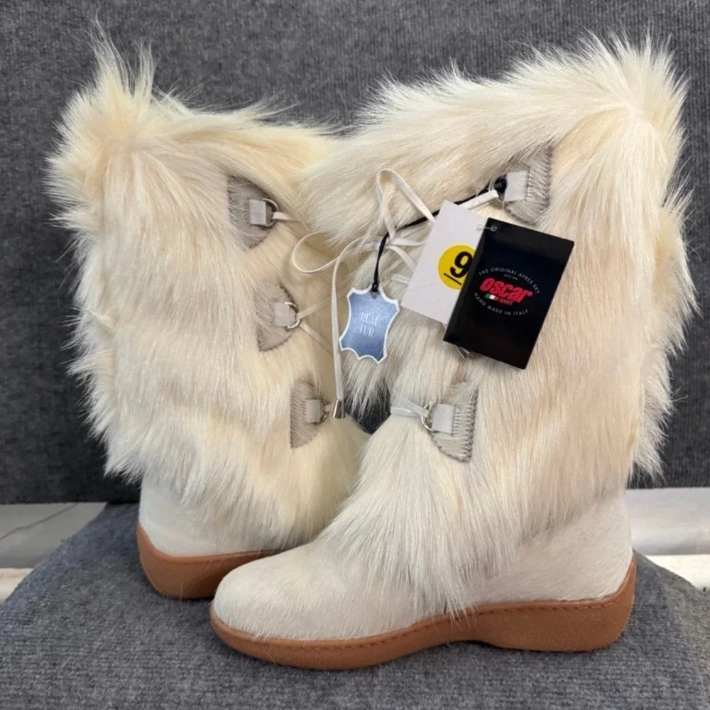 NWB Oscar Sport Italy Womens 9 Goat Fur Apres Ski Boots White Handmade Luxury
